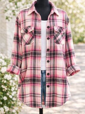 Pink Plaid Shacket Women Oversized Button Down Shirt Jacket Size M